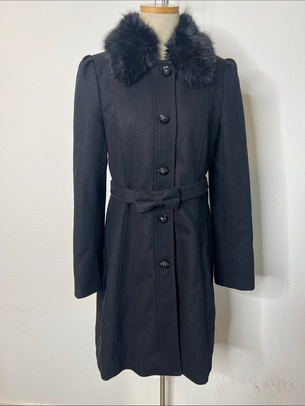 Banana Republic Black Faux-Fur Collar Belted Wool-Blend Coat